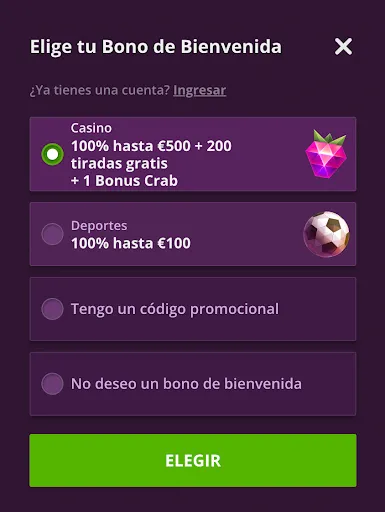 Elige tu bono y empieza a jugar Selección de bono de bienvenida